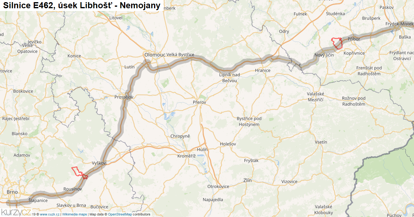 Úsek Libhošť - Nemojany, Silnice E462 - Mapa