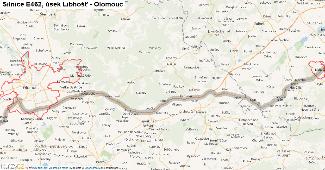Úsek Libhošť - Olomouc, Silnice E462 - Mapa