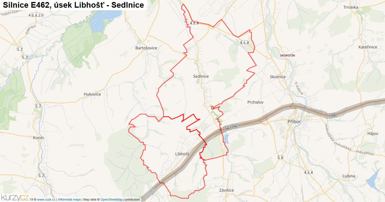 Úsek Libhošť - Sedlnice, Silnice E462 - Mapa