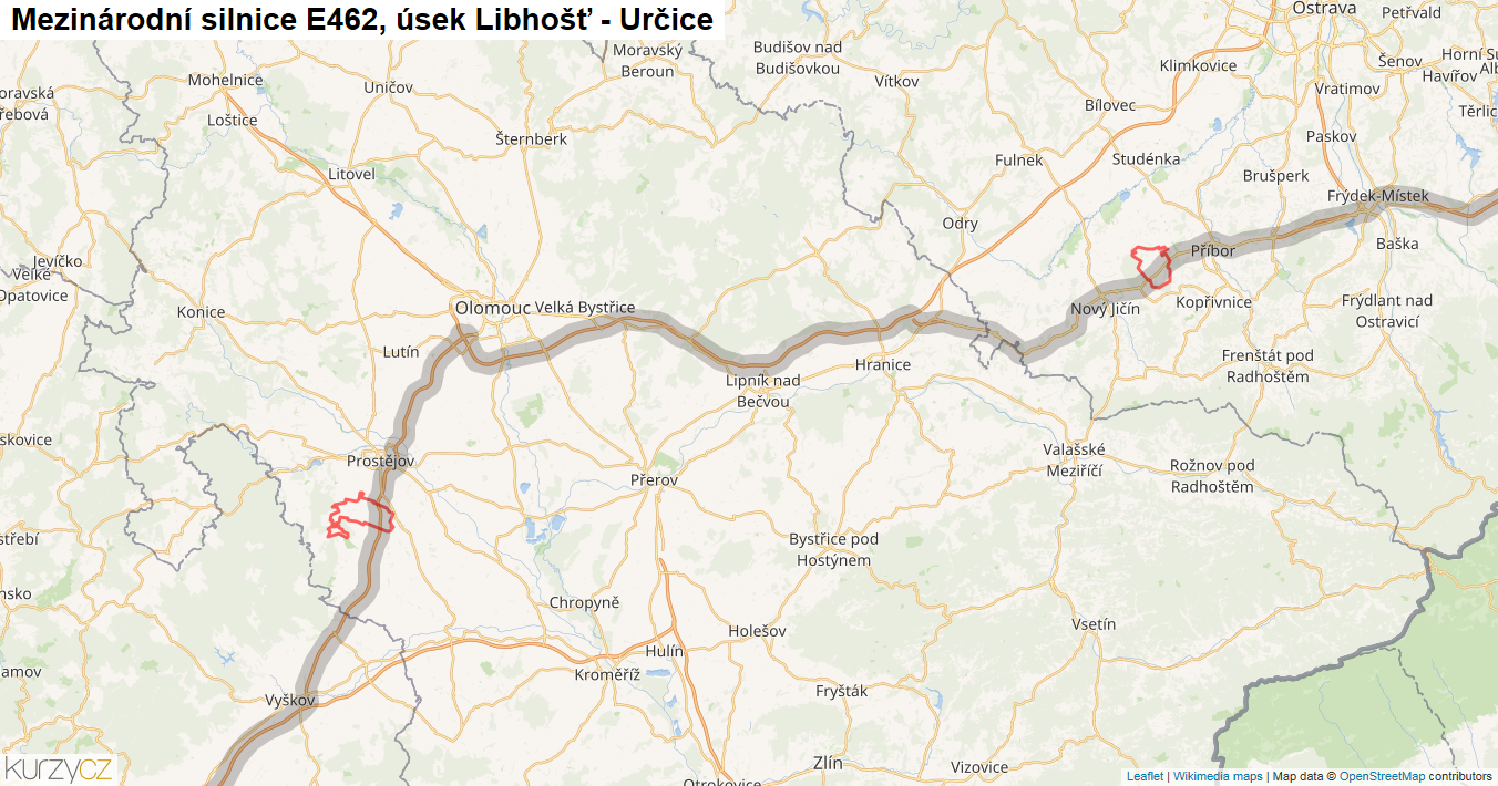 Úsek Libhošť - Určice, Silnice E462 - Mapa
