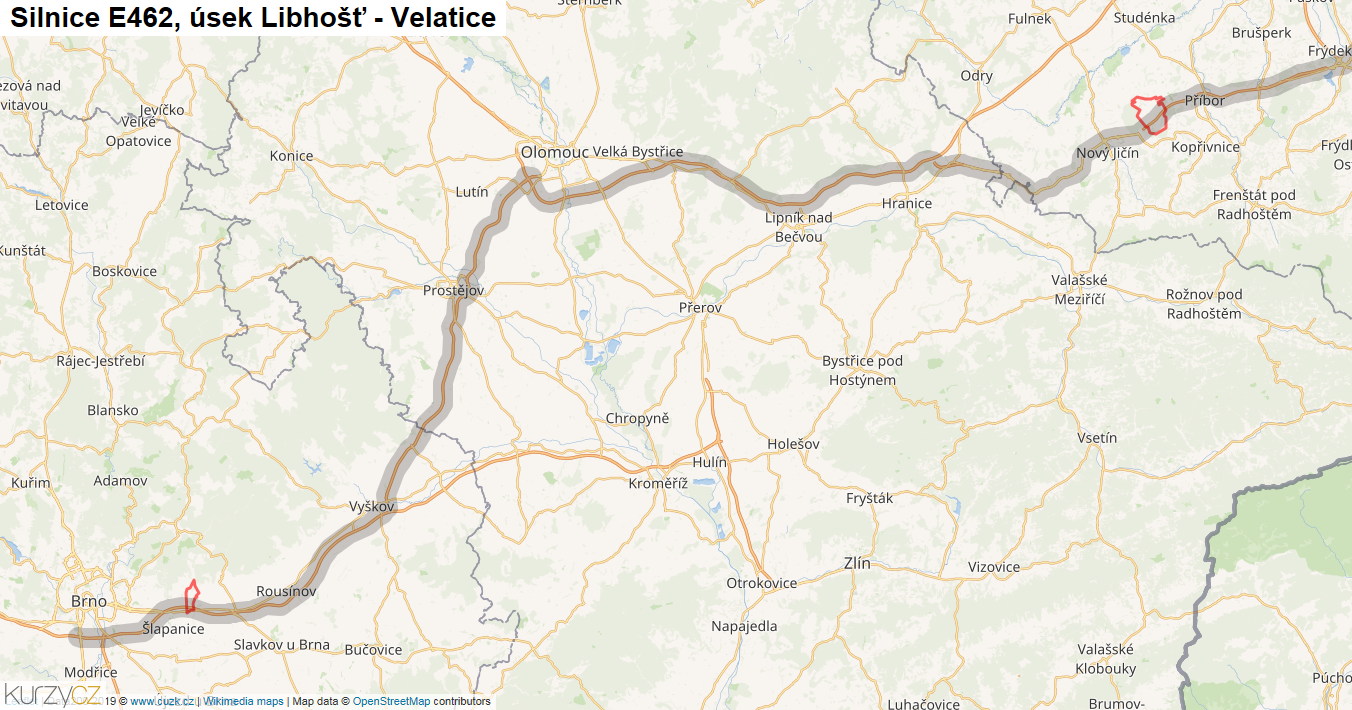 Úsek Libhošť - Velatice, Silnice E462 - Mapa
