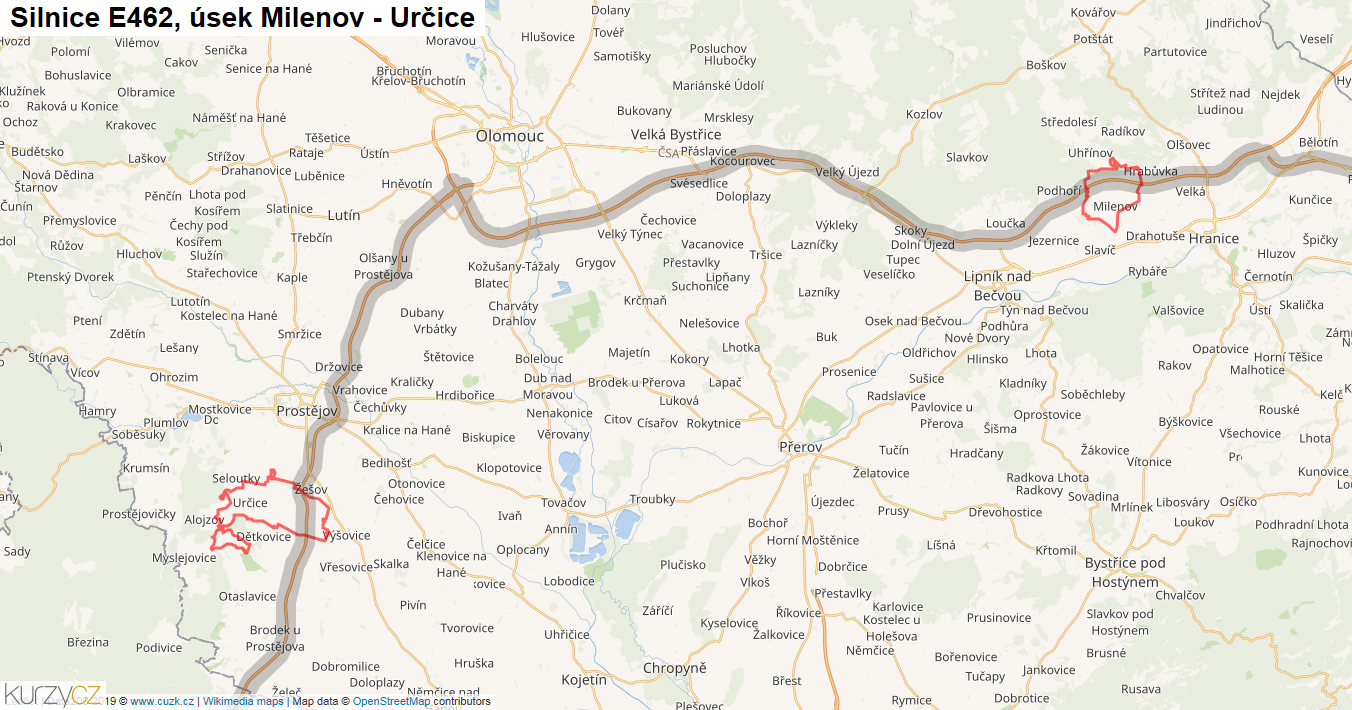 Úsek Milenov - Určice, Silnice E462 - Mapa