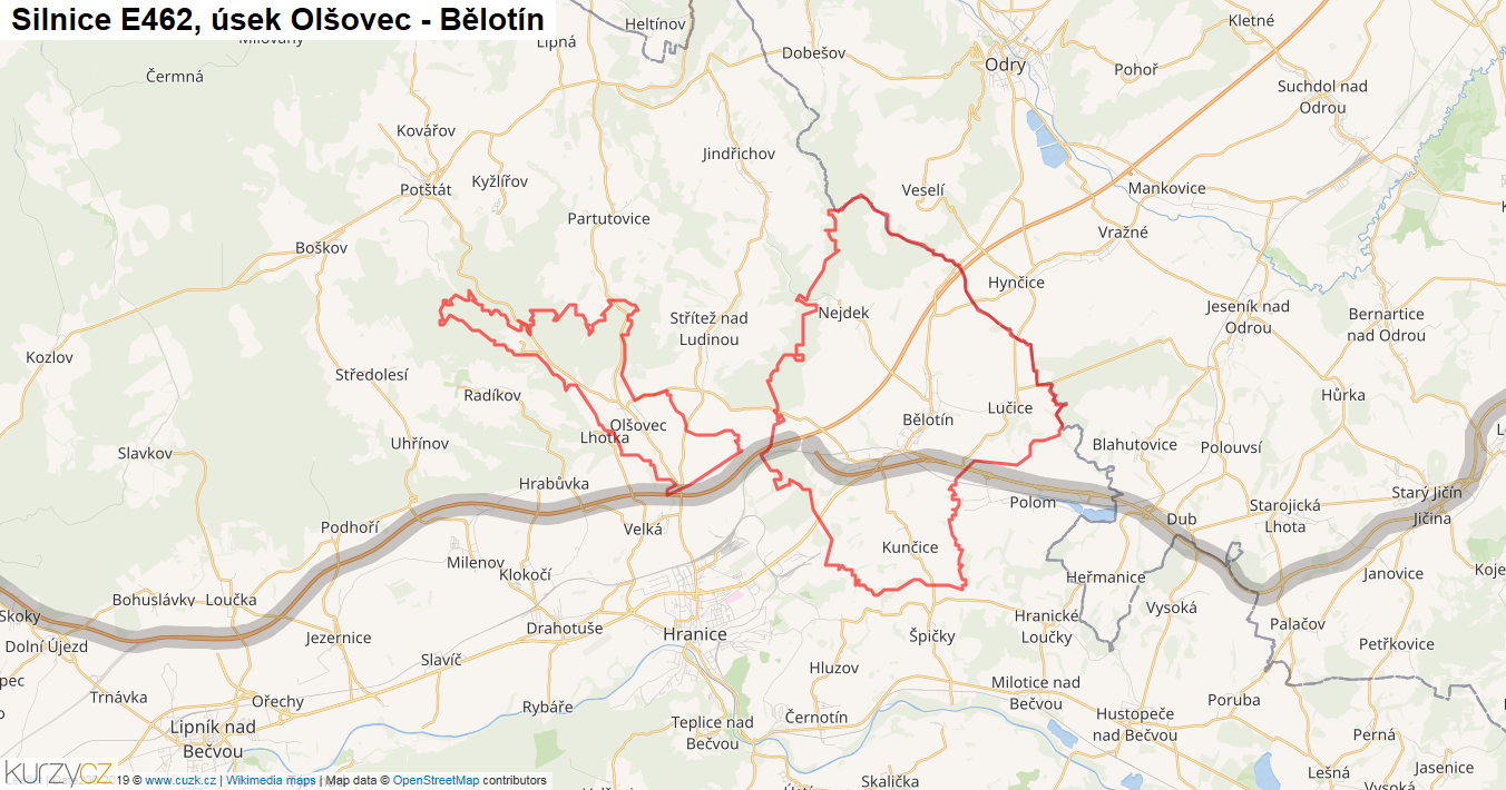 Úsek Olšovec - Bělotín, Silnice E462 - Mapa