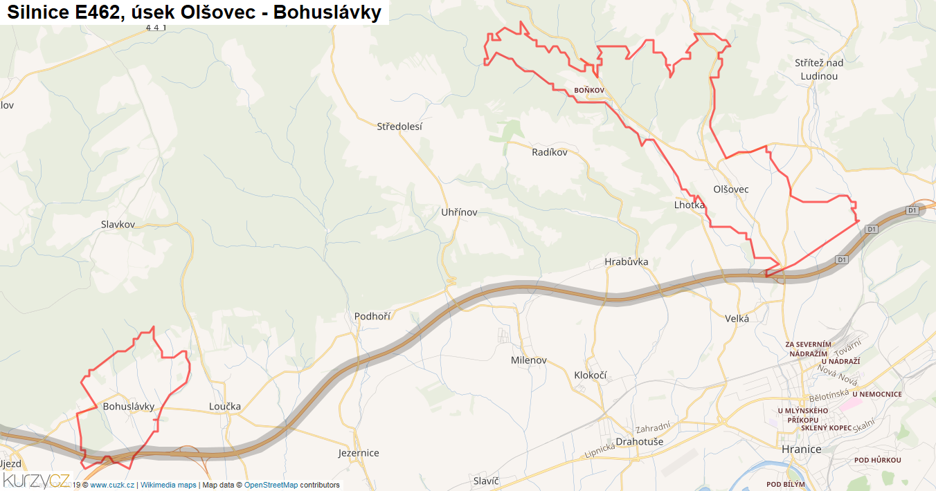 Úsek Olšovec - Bohuslávky, Silnice E462 - Mapa