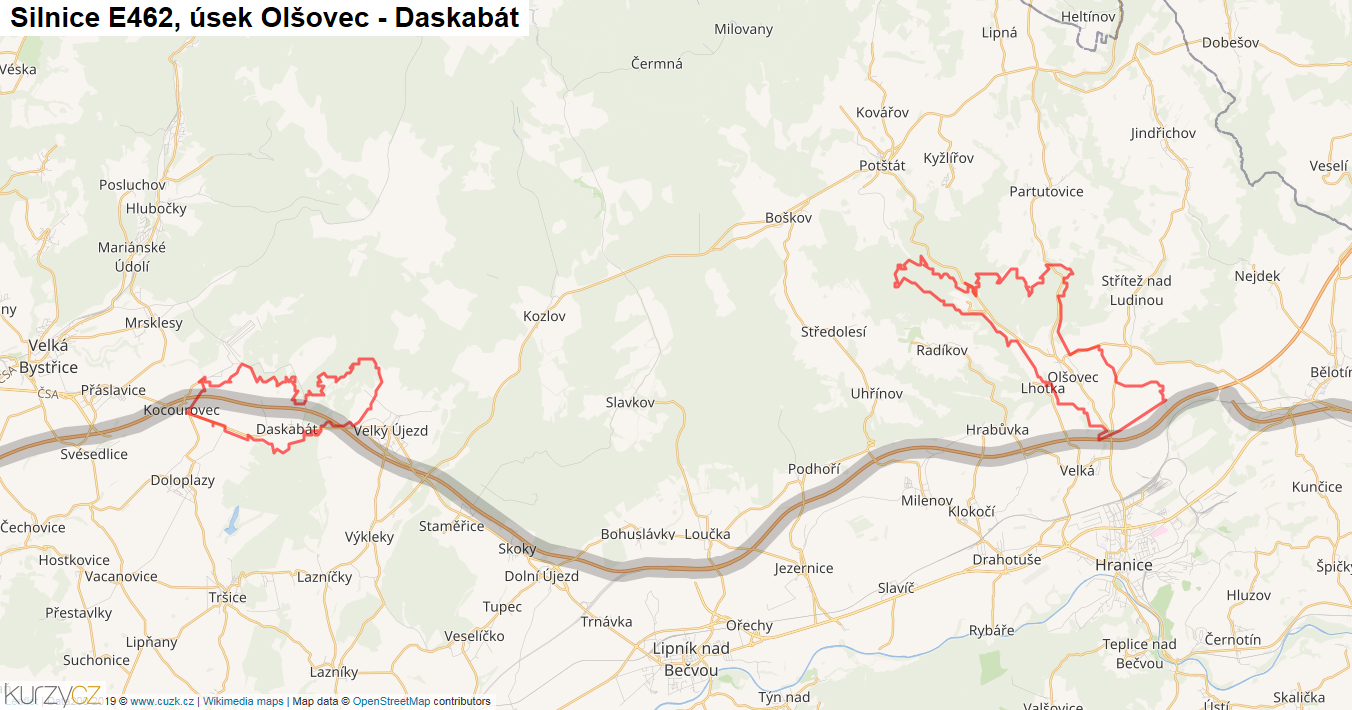 Úsek Olšovec - Daskabát, Silnice E462 - Mapa
