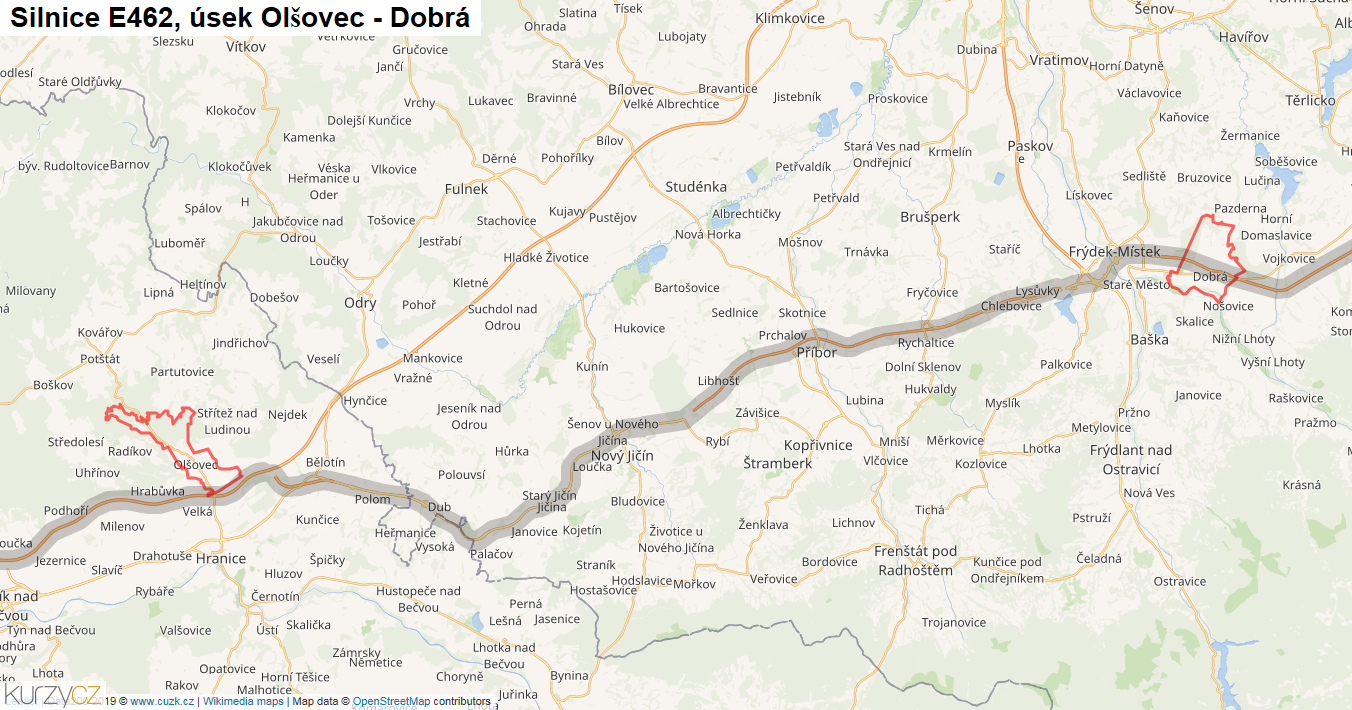 Úsek Olšovec - Dobrá, Silnice E462 - Mapa