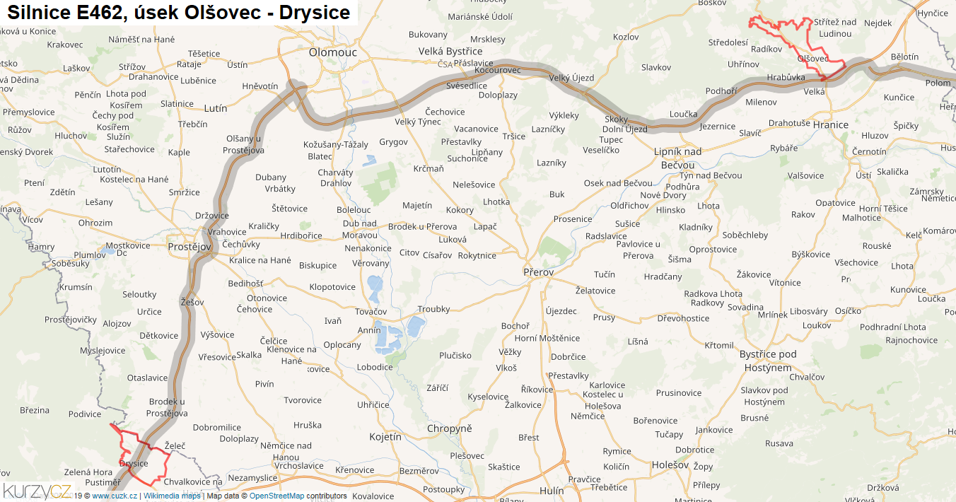 Úsek Olšovec - Drysice, Silnice E462 - Mapa