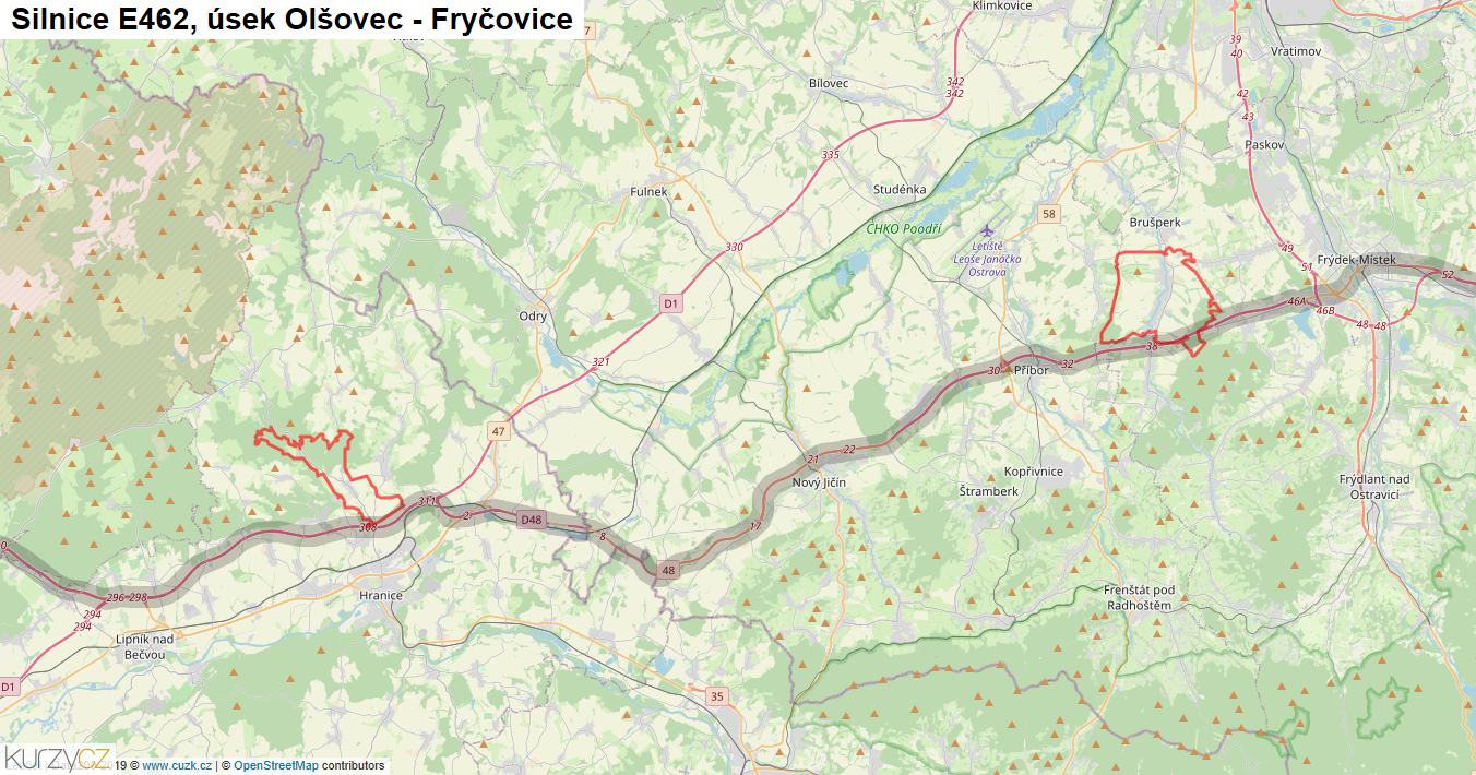 Úsek Olšovec - Fryčovice, Silnice E462 - Mapa