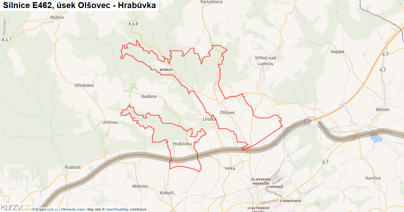Úsek Olšovec - Hrabůvka, Silnice E462 - Mapa