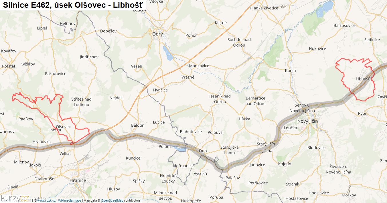Úsek Olšovec - Libhošť, Silnice E462 - Mapa