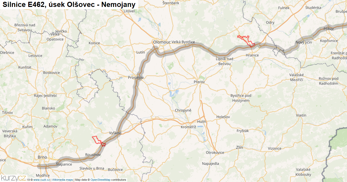 Úsek Olšovec - Nemojany, Silnice E462 - Mapa