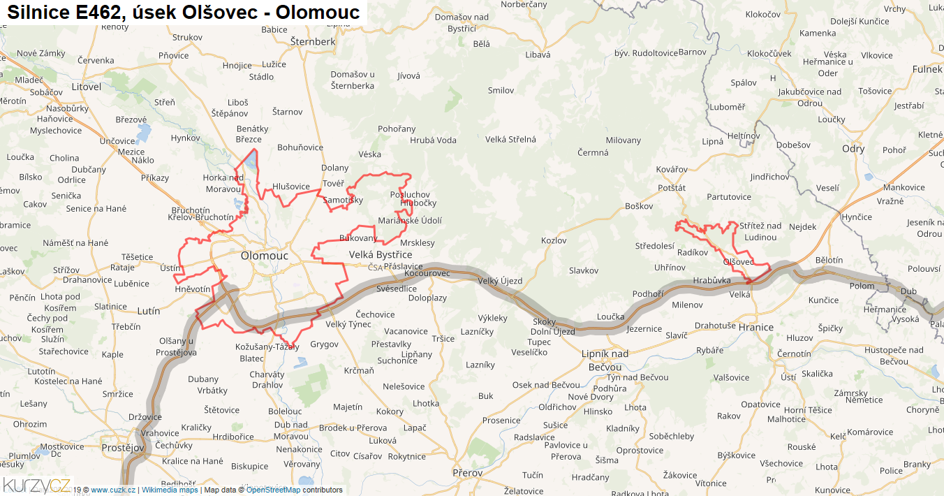 Úsek Olšovec - Olomouc, Silnice E462 - Mapa
