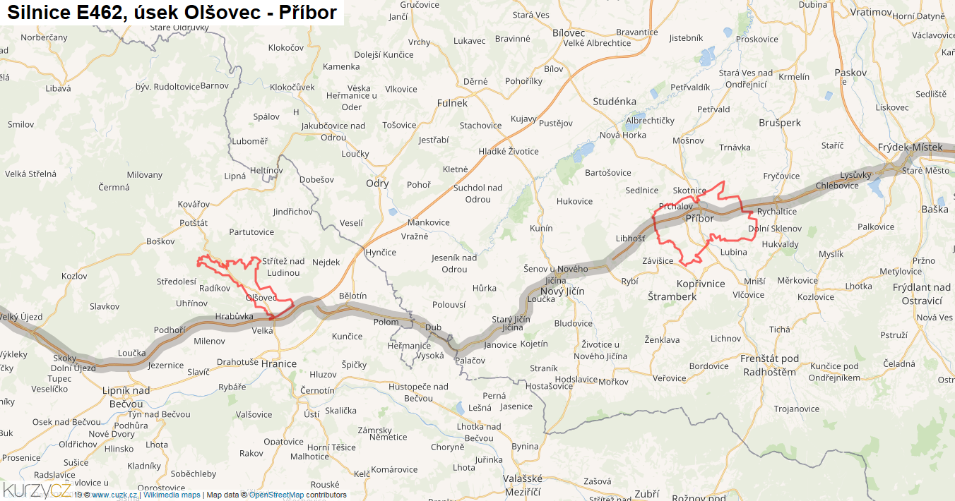 Úsek Olšovec - Příbor, Silnice E462 - Mapa