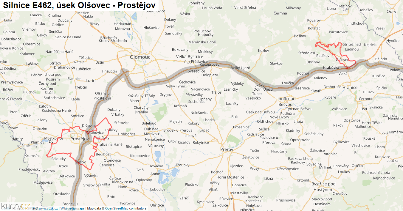Úsek Olšovec - Prostějov, Silnice E462 - Mapa