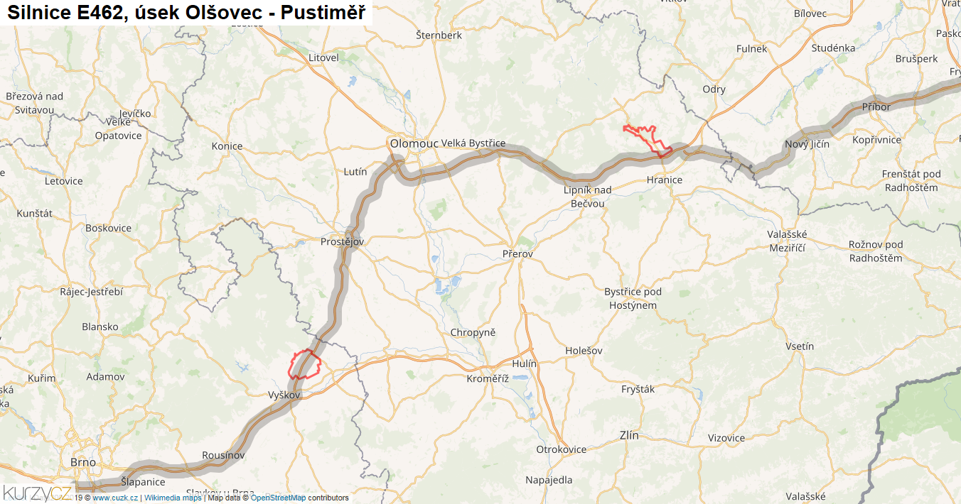 Úsek Olšovec - Pustiměř, Silnice E462 - Mapa
