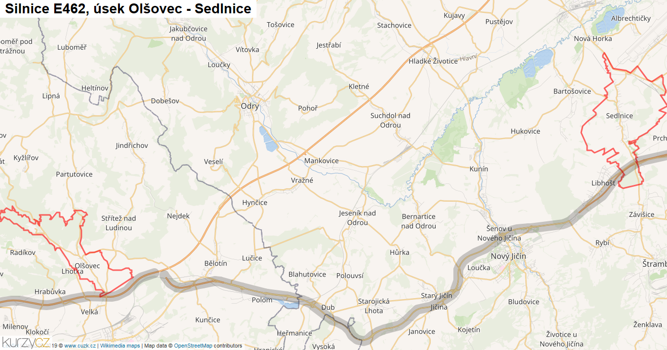Úsek Olšovec - Sedlnice, Silnice E462 - Mapa