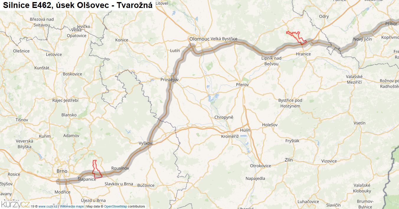 Úsek Olšovec - Tvarožná, Silnice E462 - Mapa