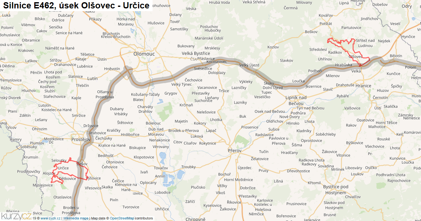 Úsek Olšovec - Určice, Silnice E462 - Mapa