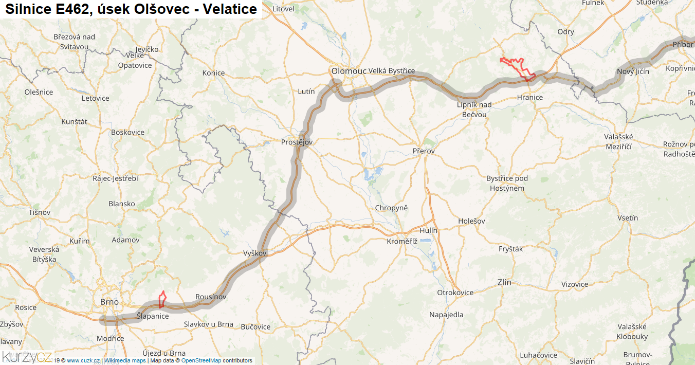 Úsek Olšovec - Velatice, Silnice E462 - Mapa
