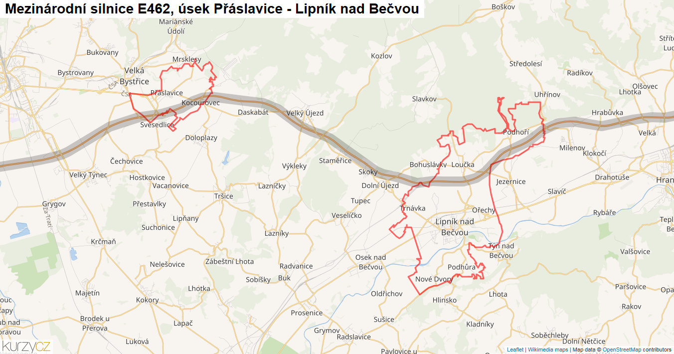 Úsek Přáslavice - Lipník nad Bečvou, Silnice E462 - Mapa