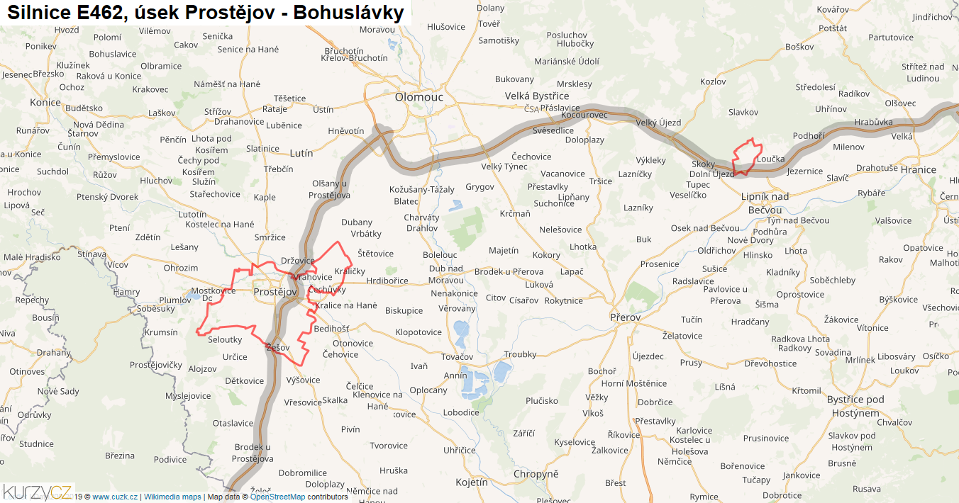 Úsek Prostějov - Bohuslávky, Silnice E462 - Mapa
