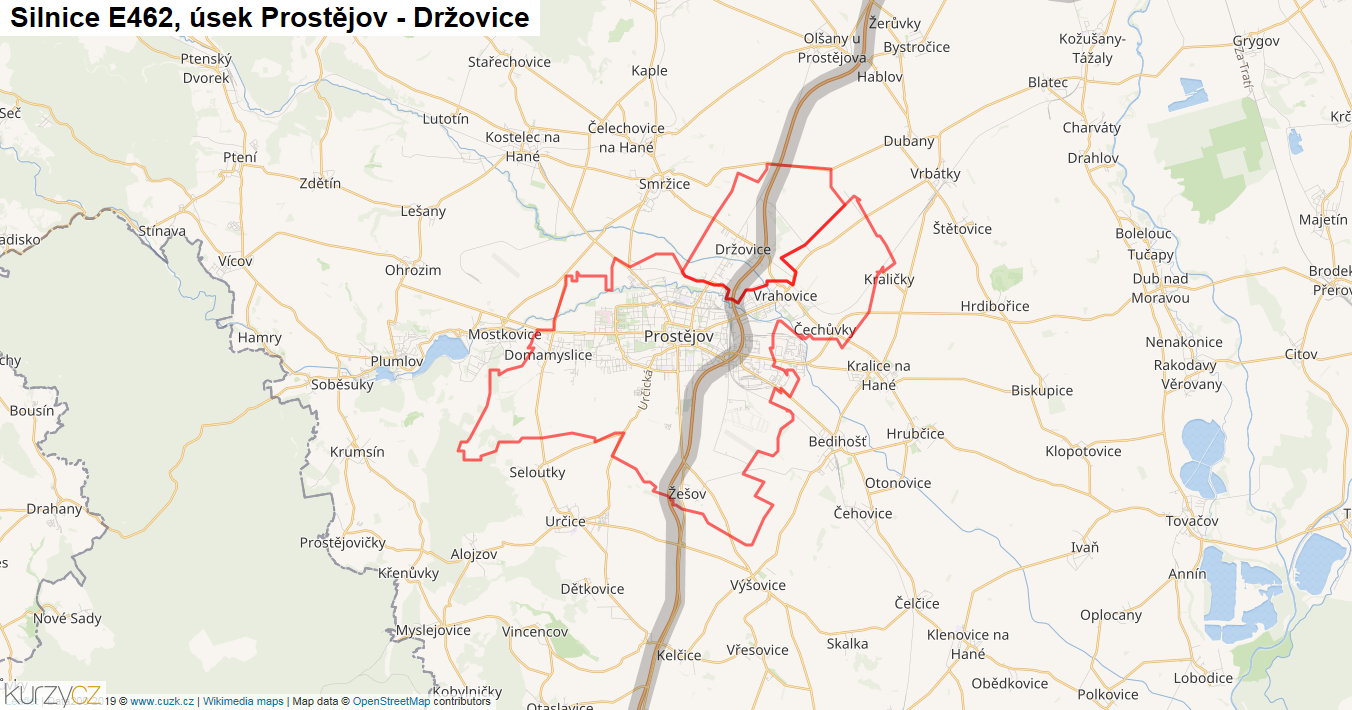 Úsek Prostějov - Držovice, Silnice E462 - Mapa