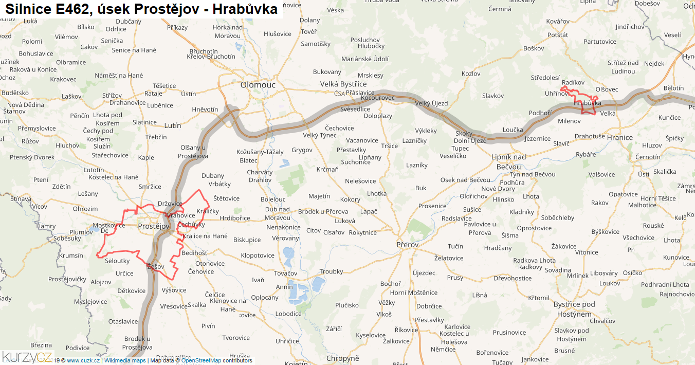 Úsek Prostějov - Hrabůvka, Silnice E462 - Mapa