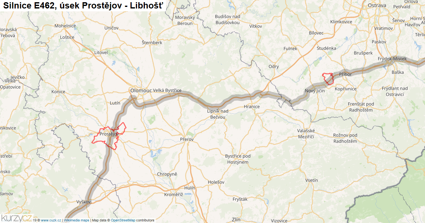 Úsek Prostějov - Libhošť, Silnice E462 - Mapa