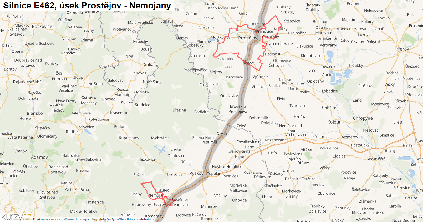 Úsek Prostějov - Nemojany, Silnice E462 - Mapa