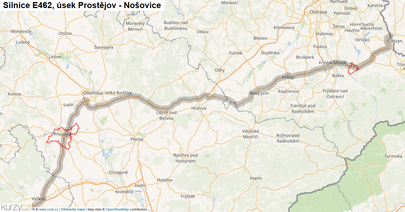 Úsek Prostějov - Nošovice, Silnice E462 - Mapa