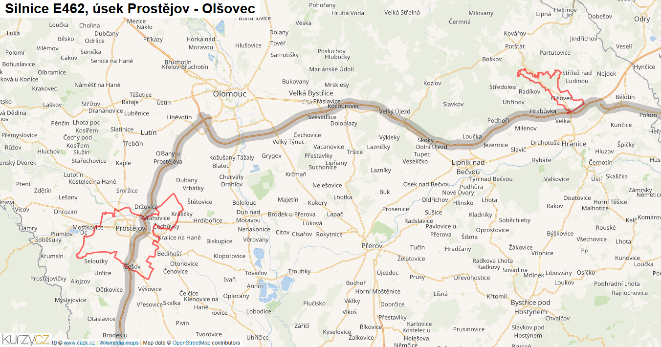 Úsek Prostějov - Olšovec, Silnice E462 - Mapa