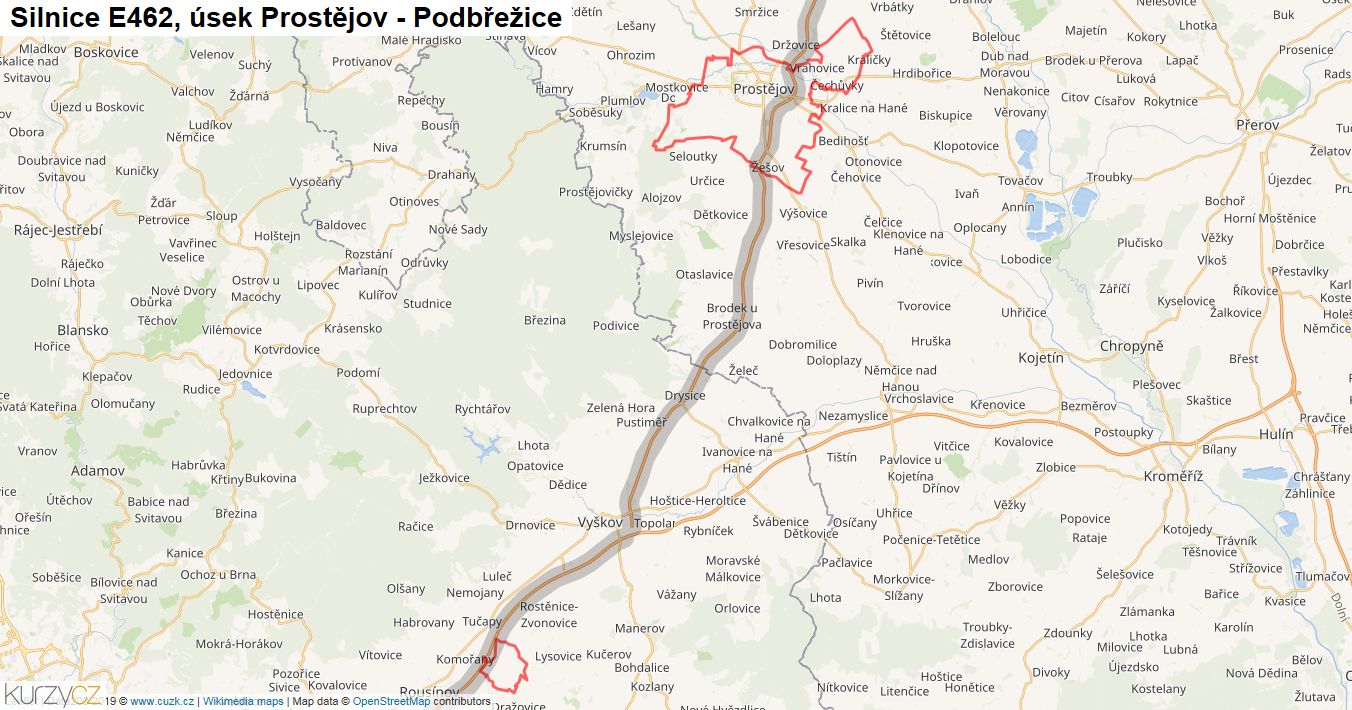 Úsek Prostějov - Podbřežice, Silnice E462 - Mapa