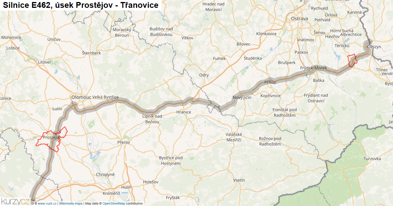 Úsek Prostějov - Třanovice, Silnice E462 - Mapa