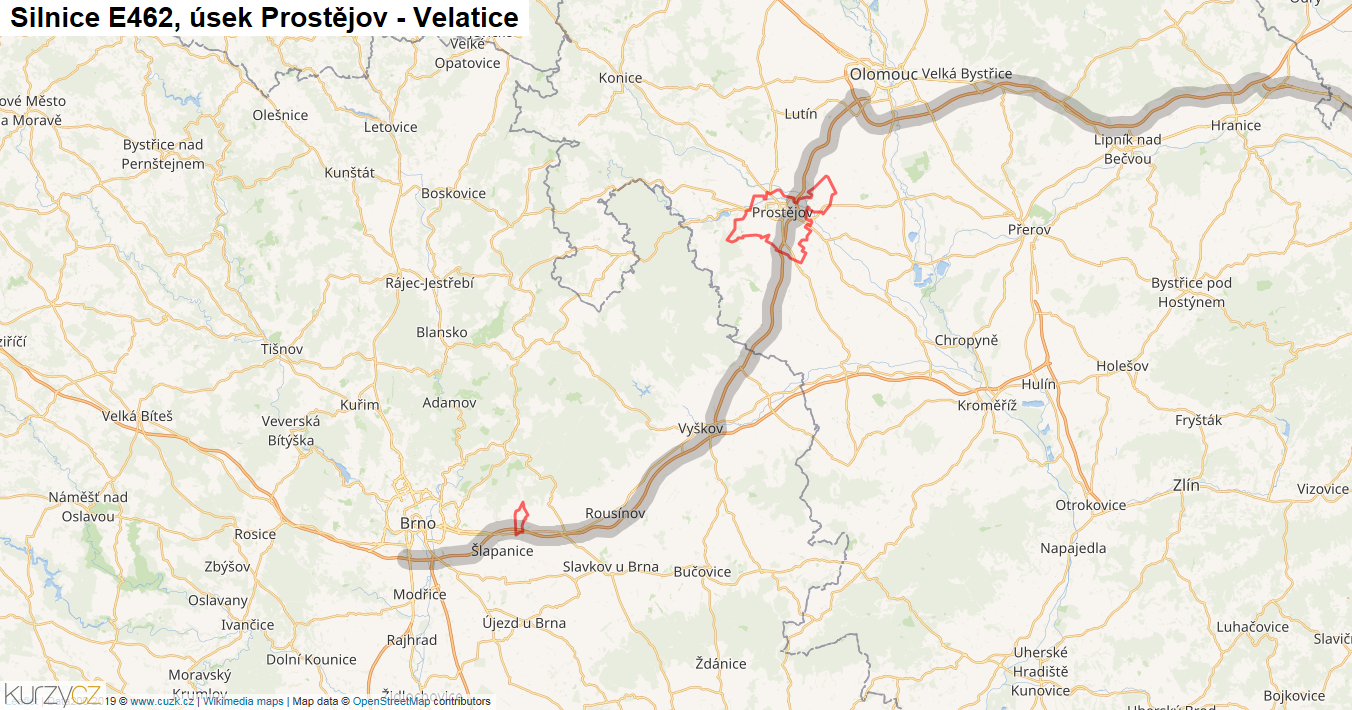 Úsek Prostějov - Velatice, Silnice E462 - Mapa