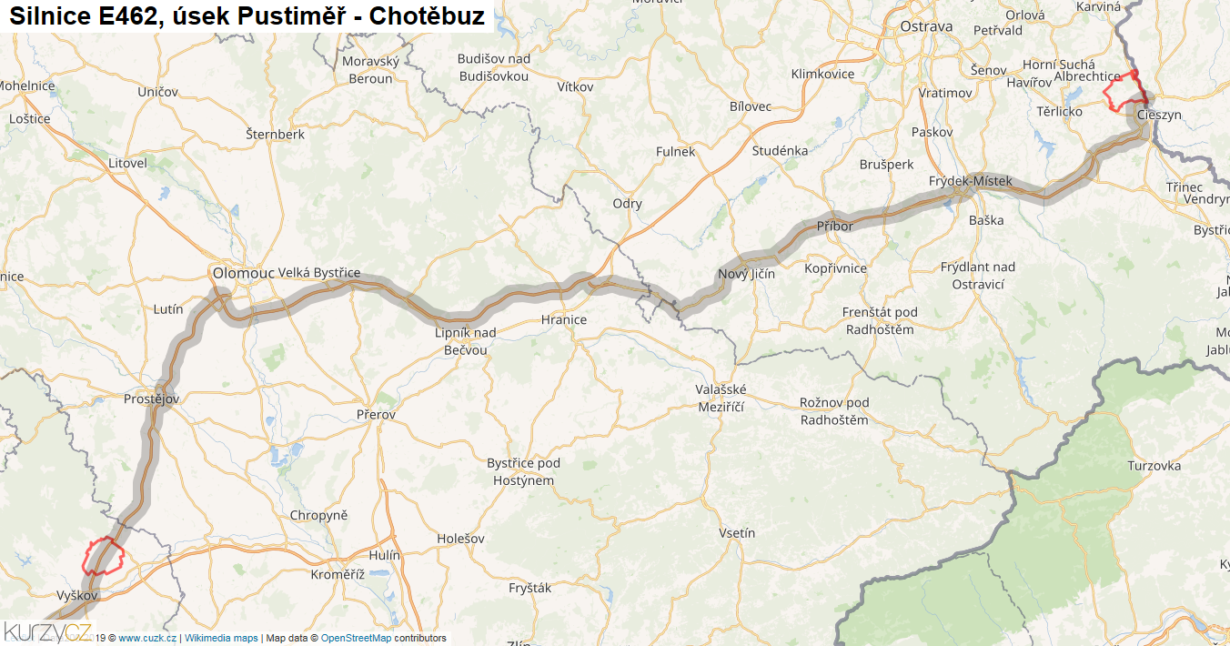 Úsek Pustiměř - Chotěbuz, Silnice E462 - Mapa