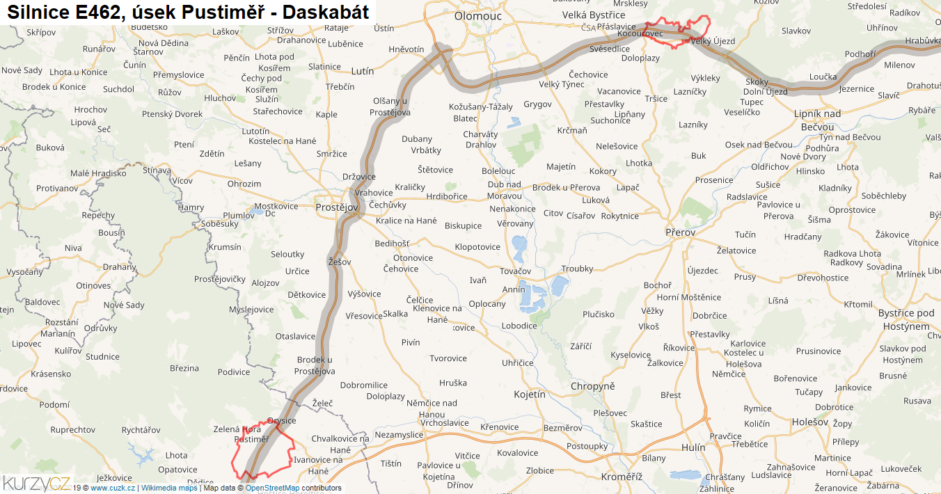 Úsek Pustiměř - Daskabát, Silnice E462 - Mapa