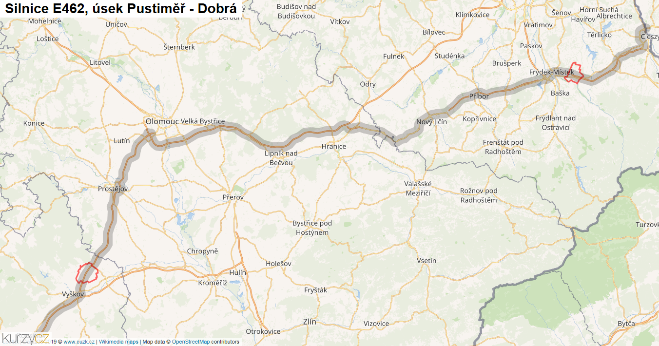 Úsek Pustiměř - Dobrá, Silnice E462 - Mapa