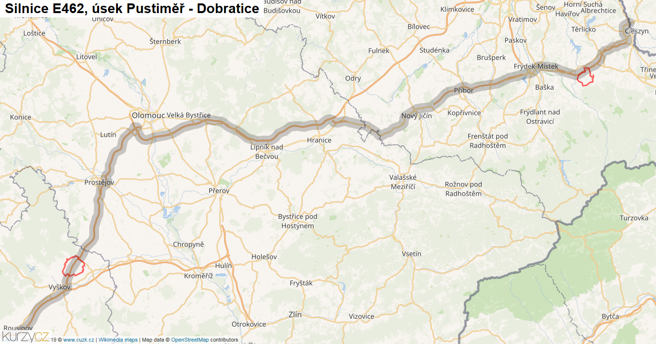 Úsek Pustiměř - Dobratice, Silnice E462 - Mapa