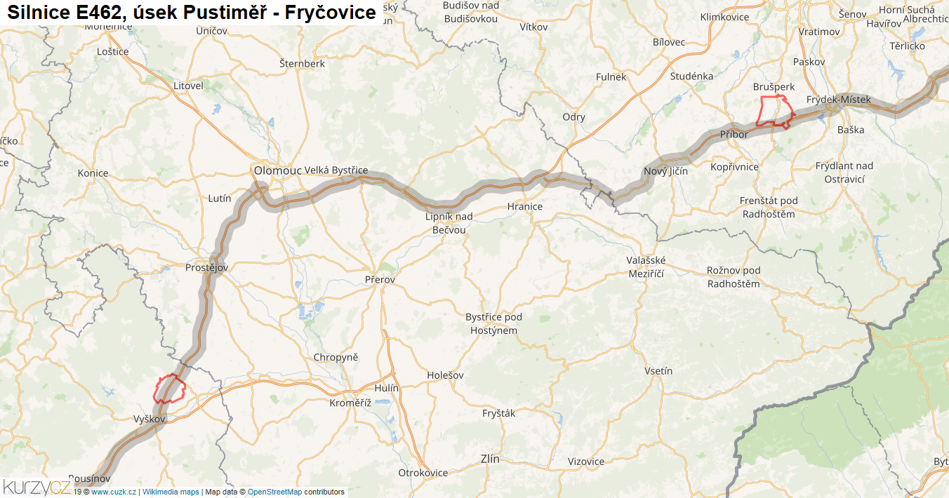Úsek Pustiměř - Fryčovice, Silnice E462 - Mapa