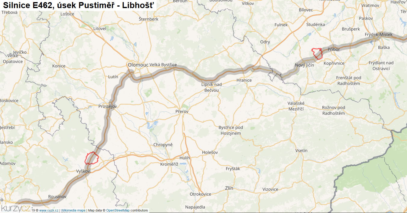 Úsek Pustiměř - Libhošť, Silnice E462 - Mapa