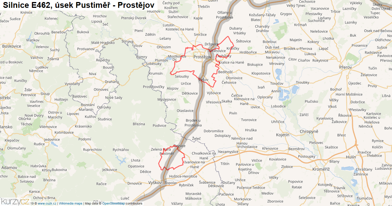 Úsek Pustiměř - Prostějov, Silnice E462 - Mapa