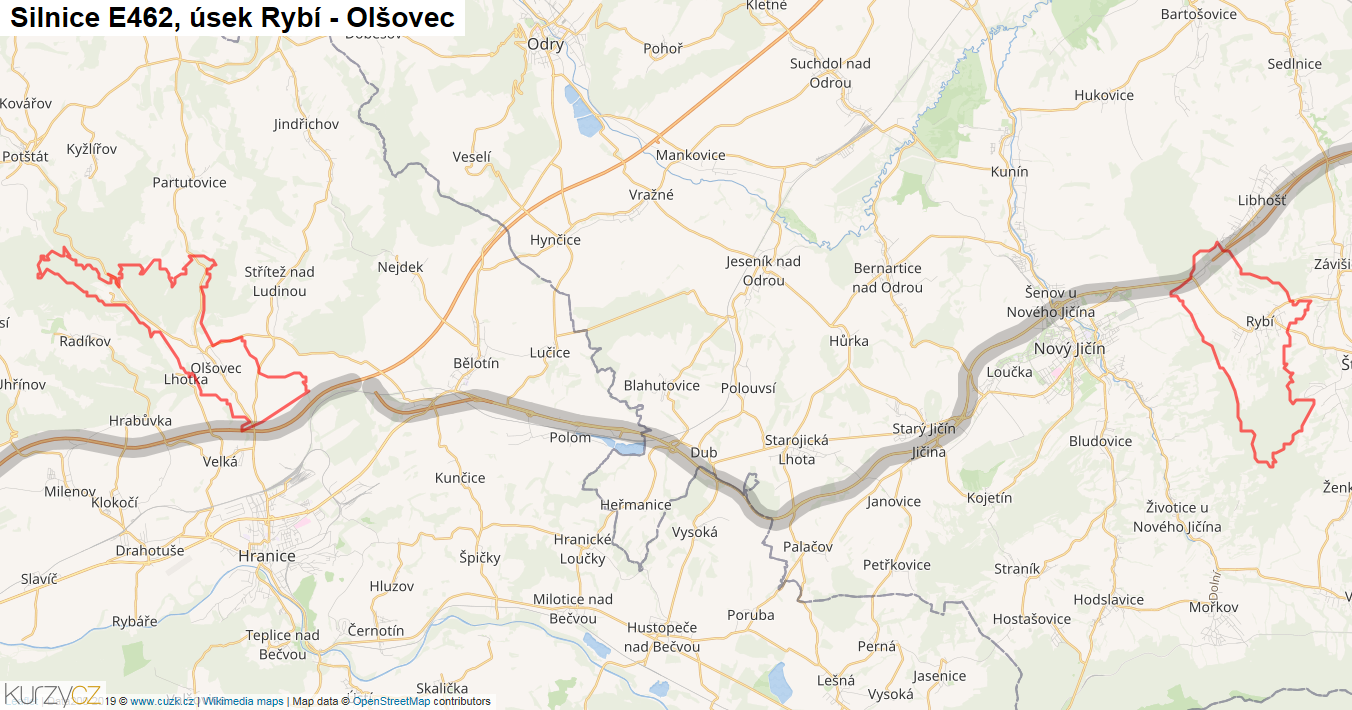 Úsek Rybí - Olšovec, Silnice E462 - Mapa