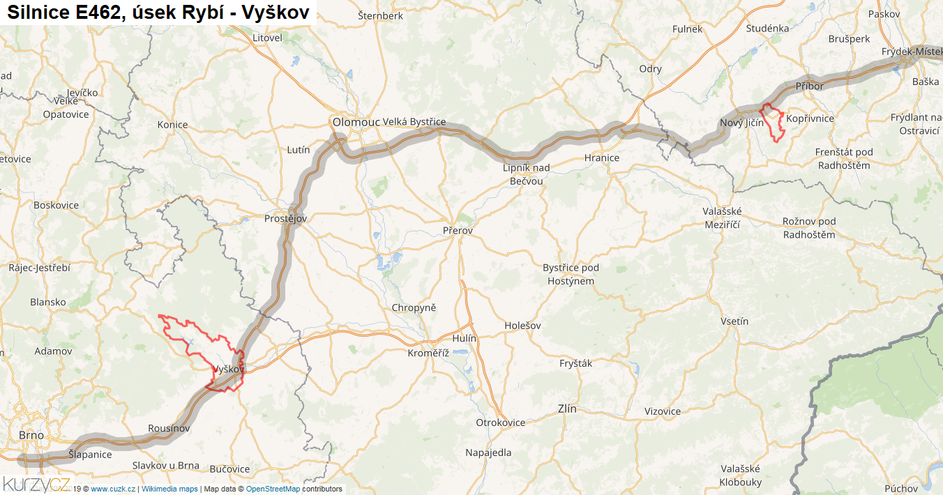 Úsek Rybí - Vyškov, Silnice E462 - Mapa