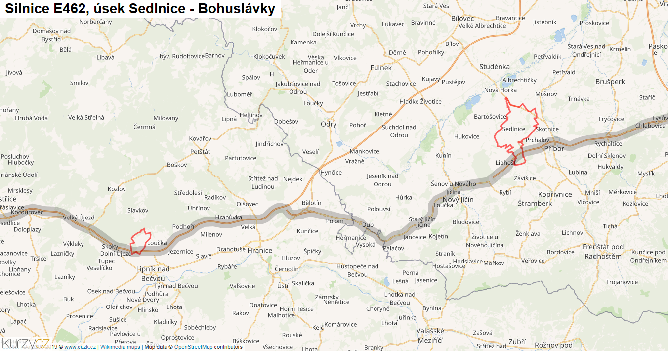 Úsek Sedlnice - Bohuslávky, Silnice E462 - Mapa