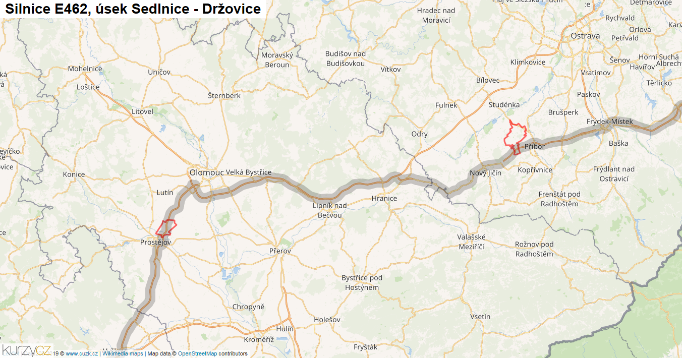 Úsek Sedlnice - Držovice, Silnice E462 - Mapa