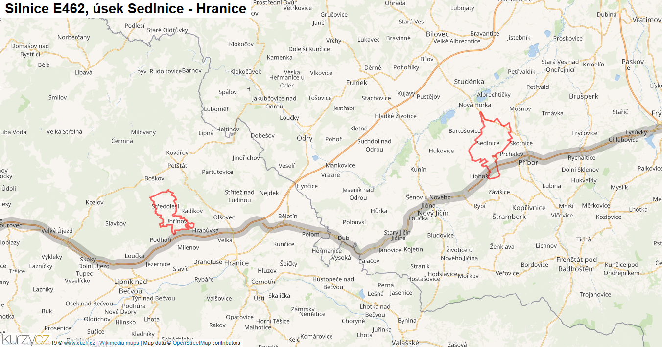 Úsek Sedlnice - Hranice, Silnice E462 - Mapa
