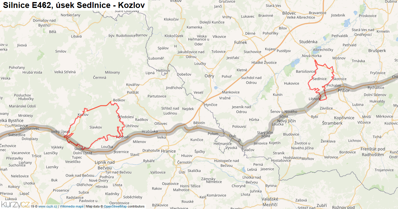 Úsek Sedlnice - Kozlov, Silnice E462 - Mapa