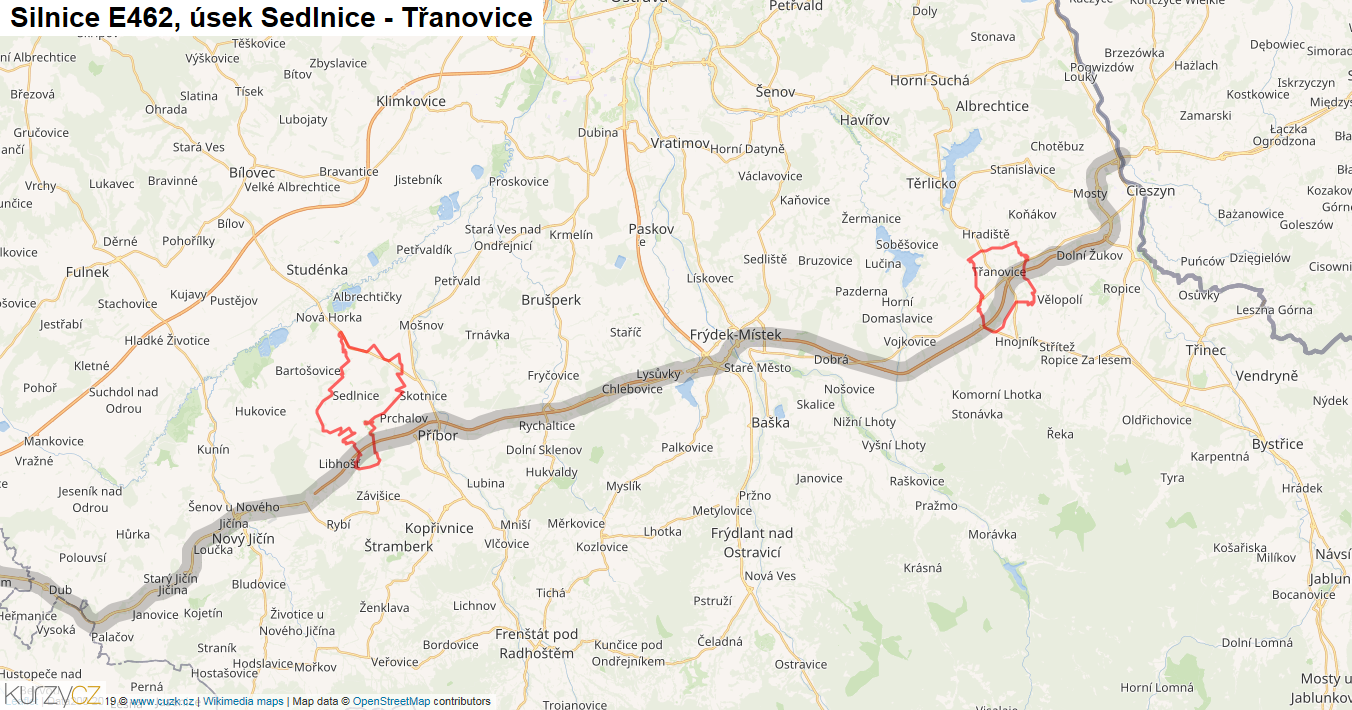 Úsek Sedlnice - Třanovice, Silnice E462 - Mapa