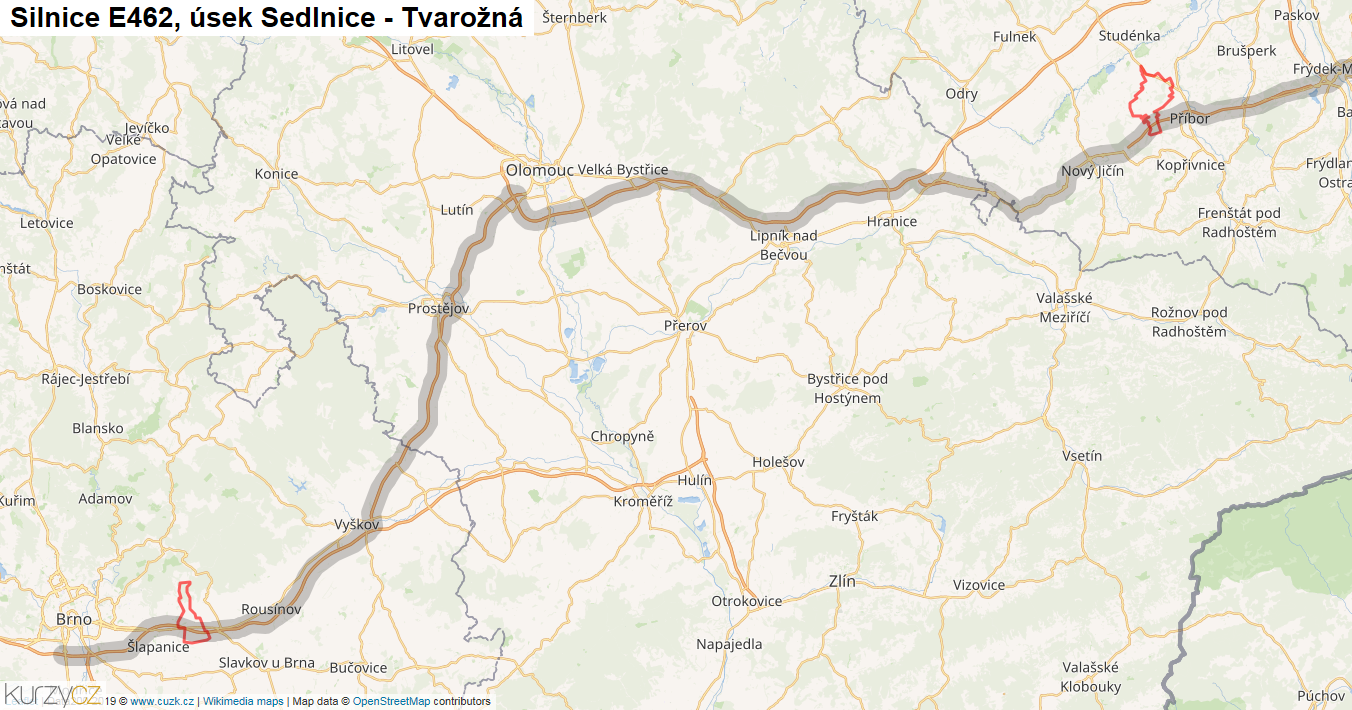 Úsek Sedlnice - Tvarožná, Silnice E462 - Mapa