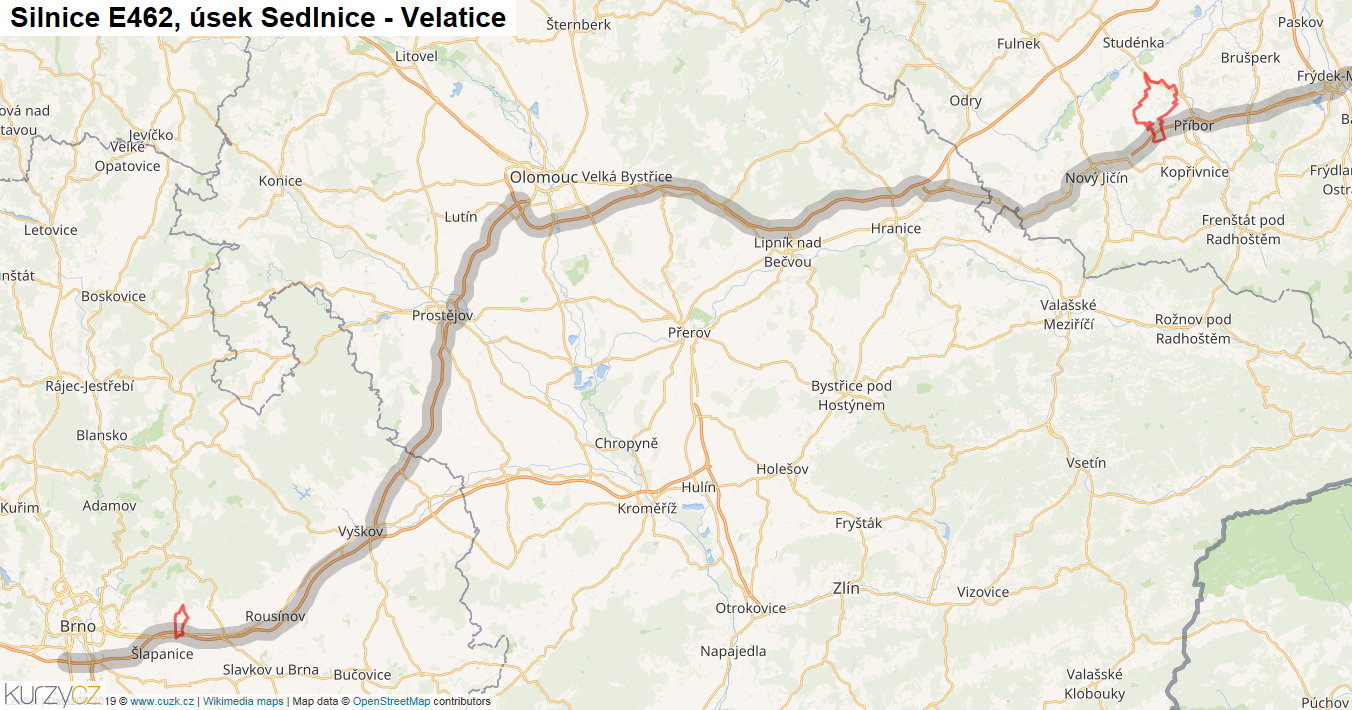 Úsek Sedlnice - Velatice, Silnice E462 - Mapa